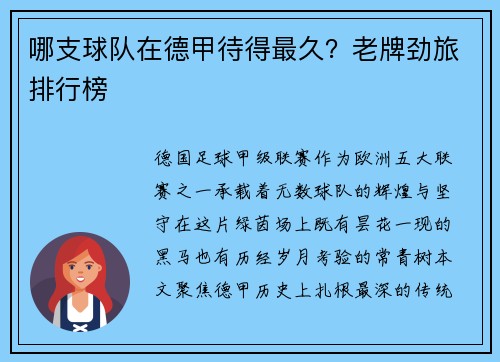 哪支球队在德甲待得最久？老牌劲旅排行榜